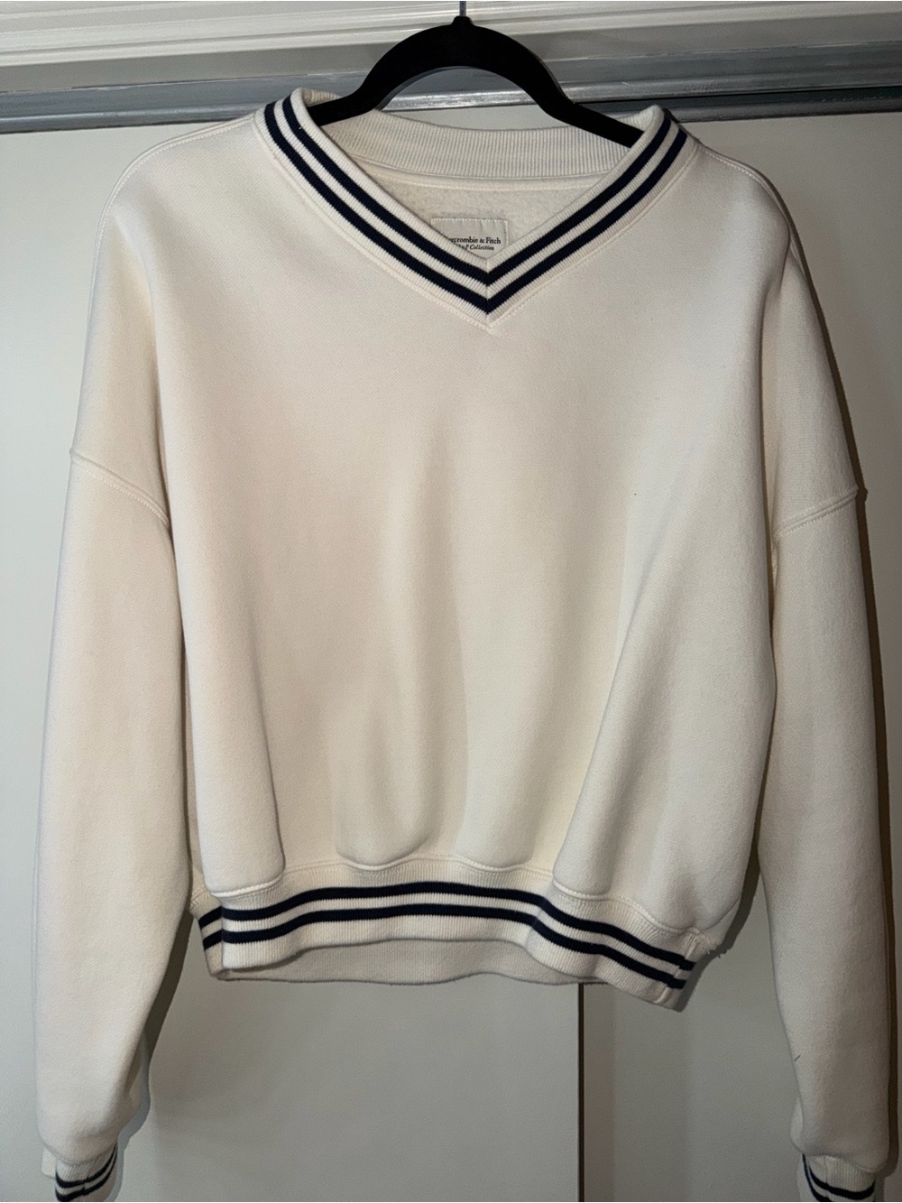 Abercrombie V‑Neck Sweater with Navy Stripe Trim